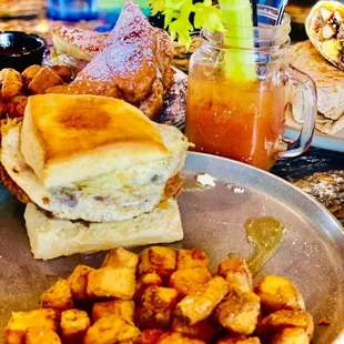 a plate of food and drinks