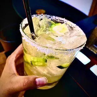 Cucumber jalapeño margarita on the rocks