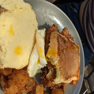 Chicken Honey breakfast sandwich with a side of their breakfast potatoes! No shown: Monti's amazing bacon!