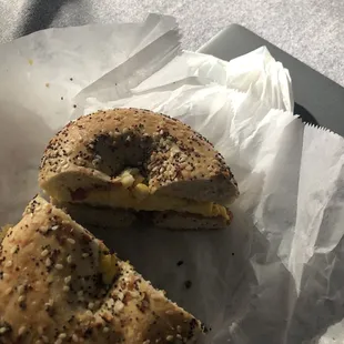 everything bagel, bacon and egg