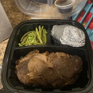 Roast Prime Rib, green beans, potato. (Au Jus sauce comes with order)