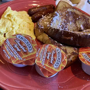 french toast, scrambled eggs, and coffee