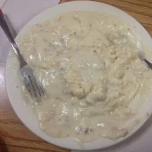 Biscuits and gravy. They have sausage: beats a chain hardly, but not even close to Southside diner in this town!