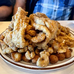 Catfish and Shimp on a bed of Hushpuppies