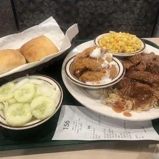 Beef tips with sweet potatoes, corn and cucumber salad. Sooo good