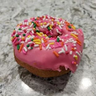 10/23/23 Plain Cake Donut with Strawberry Glaze and Sprinkles