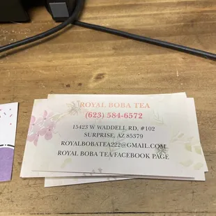 Business card for Royal Boba! Same owner of Sunrise Donuts