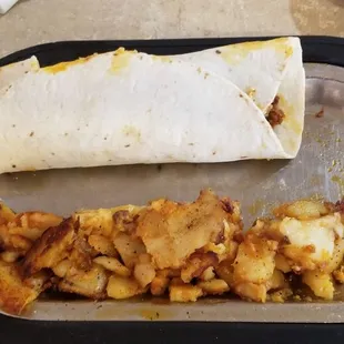 Chorizo and eggs burrito with sunrise potatoes, $9.85.