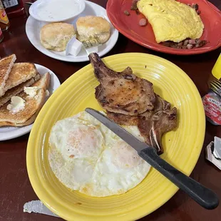2 eggs 2 pork chop plate. 3 meat omelet all sans home fries