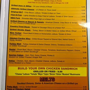the menu for the special sandwiches