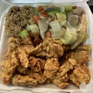 Boneless Fried Chicken, Pork Fried Rice, Stir Fried Veggies