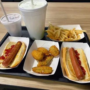 Hot dog, jalapeño poppers, French fries