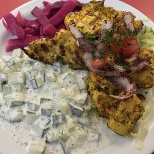 Chicken kebab with cucumber/yogurt salad and pickled beets