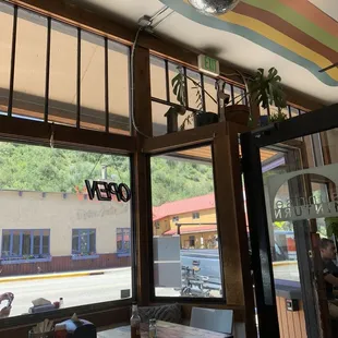 Looking out on the street from a booth