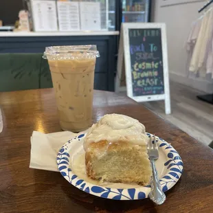 a piece of cake and iced coffee