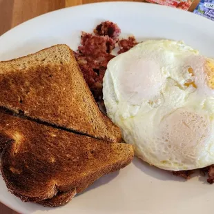 Corned Beef Hash w/3 overeasy eggs &amp; whole wheat toast ($14.55, 1/28/24)