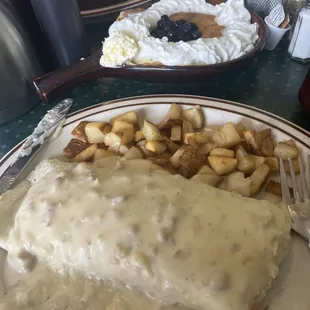 Corned beef hash, &quot;burrito style&quot; topped with gravy + short stack of the blueberry pancakes