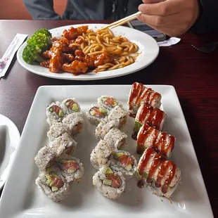 Alaskan roll, lobster roll and sesame chicken with udon noodles