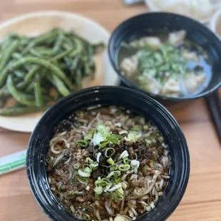 Dan Dan noodles, wontons, string beans