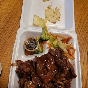 teriyaki pork with dirty steamed veggies.