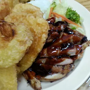 Chicken teriyaki and tempura.