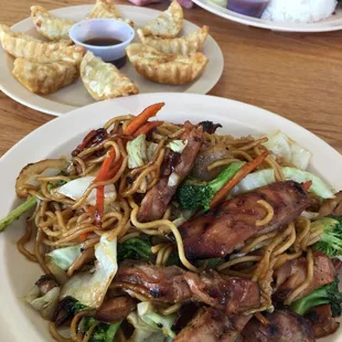 Chicken Yakisoba and pot stickers