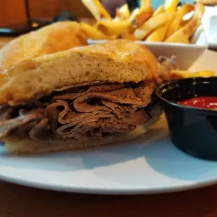 French dip - good meat portion, aus ju a bit salty, nice fries, soft bread.