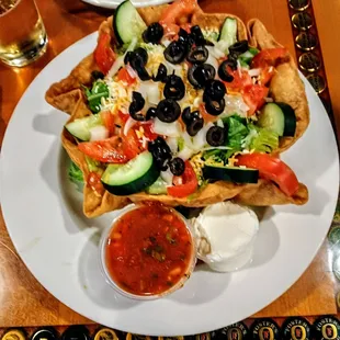 Tortilla salad has a delicious crispy and edible bowl. My friend is vegetarian so got extras of everything.