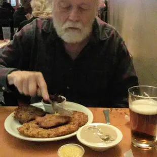 No knife needed for crisp but tender potato pancake and schnitzel on German Night.Wine/mushroom sauce tasty.