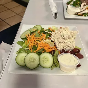 Garden salad with chicken salad.