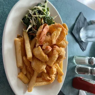 Shrimp, fries, and cole slaw
