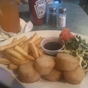 fried scallops, french fries, coleslaw