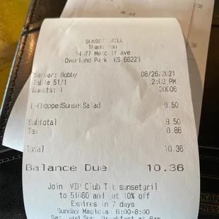 a receipt for a restaurant