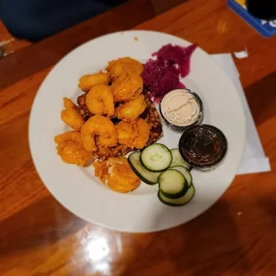 Fried shrimp and Rice Krispy coated french toast