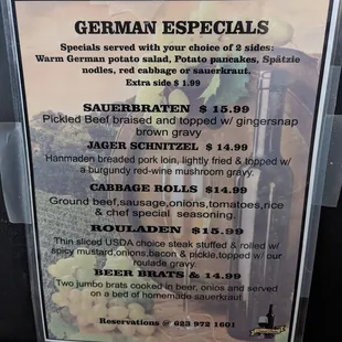 German food menu - Tuesdays only