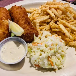 2-piece cod, crinkle fries and slaw.