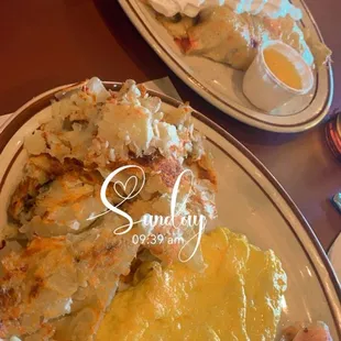 Crepes, 2 Eggs with Bacon, Potatoes