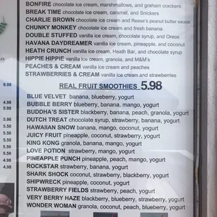 Milkshake and Smoothie Menu