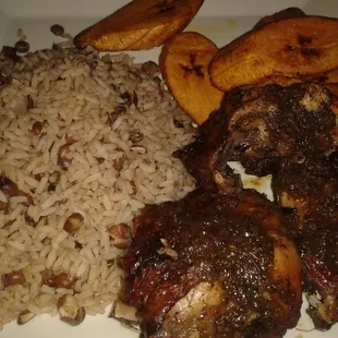 Jerk chicken, coconut rice, sweet fried plantains