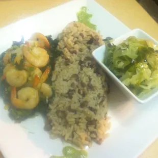 Carribean spinach and shrimp, coconut rice and peas, stemmed cabbage. Flavorfully delicious!