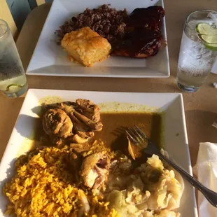 Curry Chicken and Barbecue chicken-white and yellow rice-cabbage and macaroni cheese pie