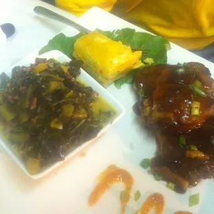 BBQ chicken, macaroni pie, collard greens. The right balance of flavors.