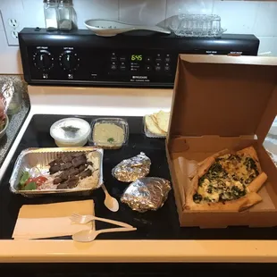 Spinach Pide, Beef Kebab with rice pilaf, hummas and cacik