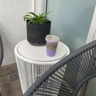 a chair and a plant on a table