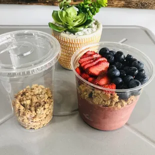 ~ Sunset energy bowl topped w/ blueberry and strawberries. Extra granola. ~
