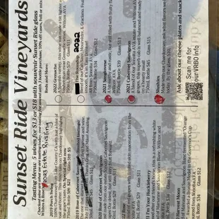 Wine list.  Red spots are today&apos;s wine flight.  And yes we are