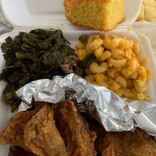 Fried Chicken, cornbread, Mac &amp; cheese and Collard Greens