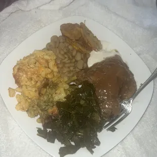 2 Pieces Smothered Pork Chops Collard Greens Broccoli Casserole Mac &amp; Cheese Green/Lima Beans Fried Squash