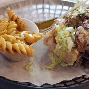 Steak and cheese with a side of Mac and cheese combo