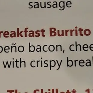 a menu for breakfast burrito
